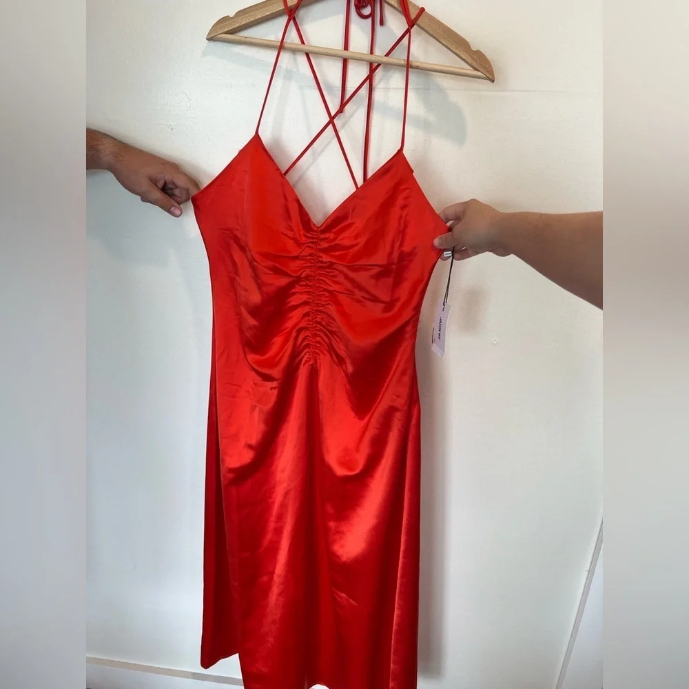 Jason Wu NWT Orange Strappy Ruched Plunge Neckline Midi Slip Dress Size Large - Picture 9 of 10